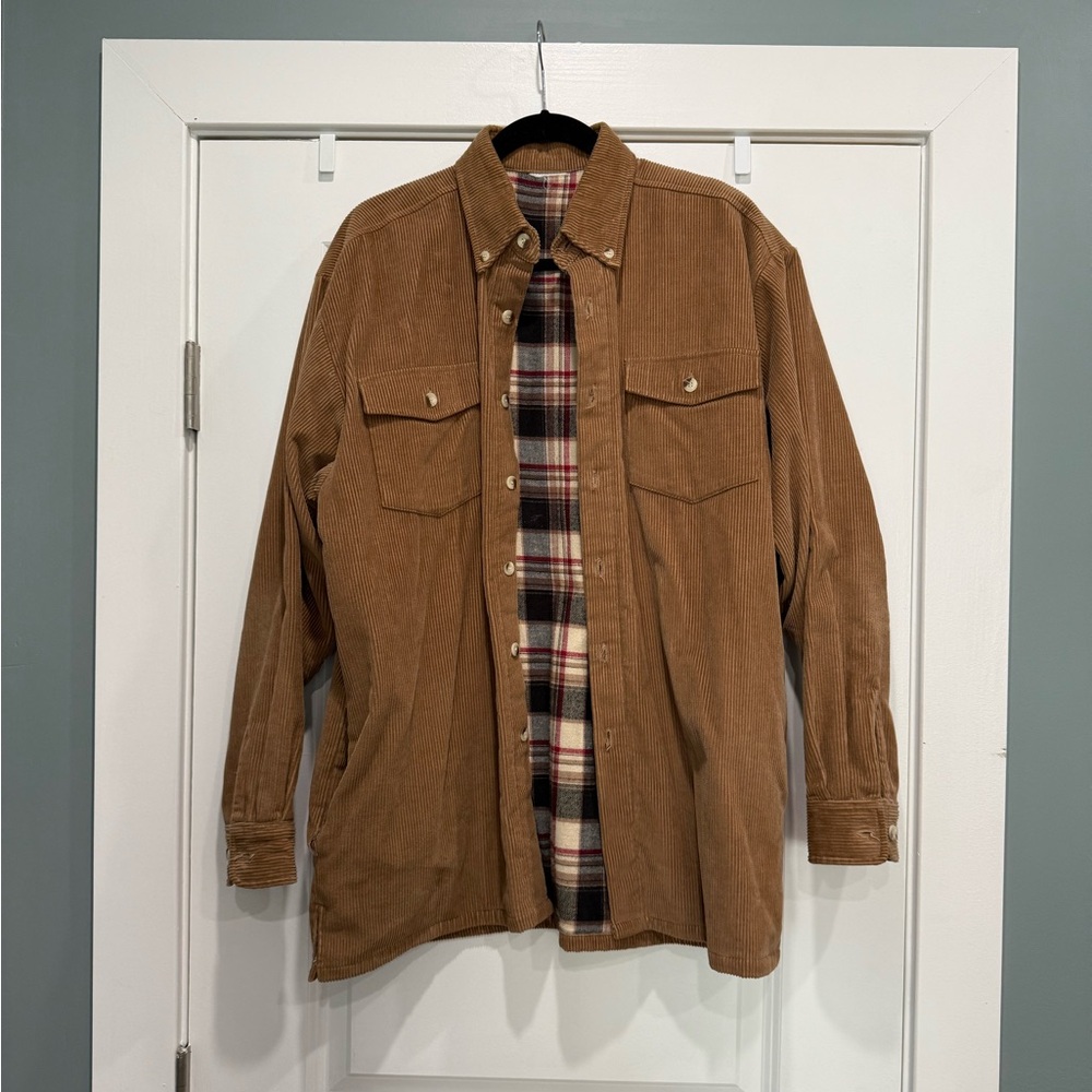 Corduroy Button-Up Shirt with Plaid Lining